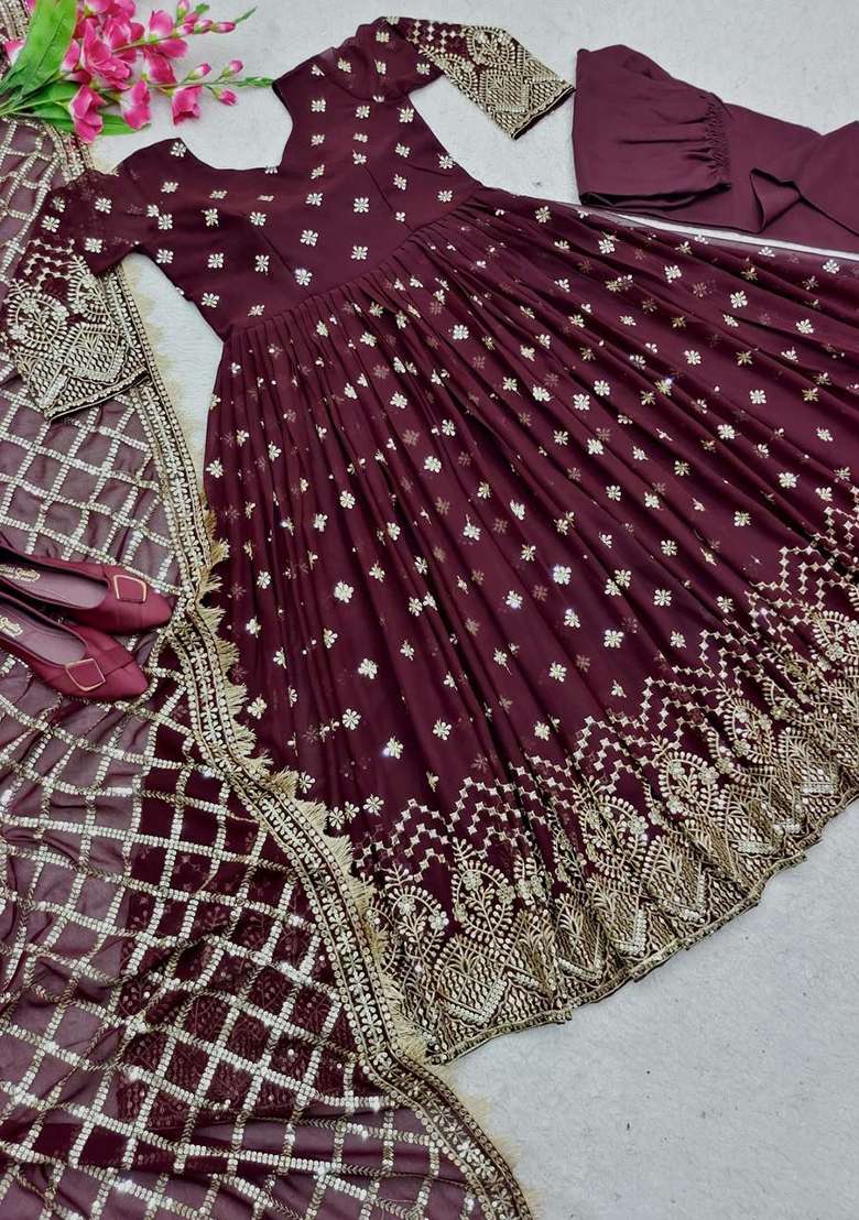 Wine Embroidery Georgette Anarkali Gown Set - Indya