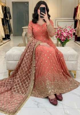 Peach Embroidery Georgette Anarkali Gown Set