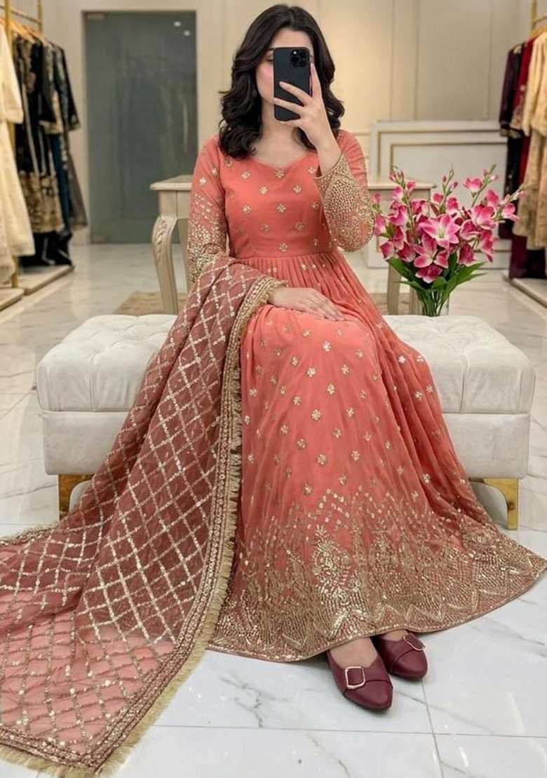 Peach Embroidery Georgette Anarkali Gown Set - Indya