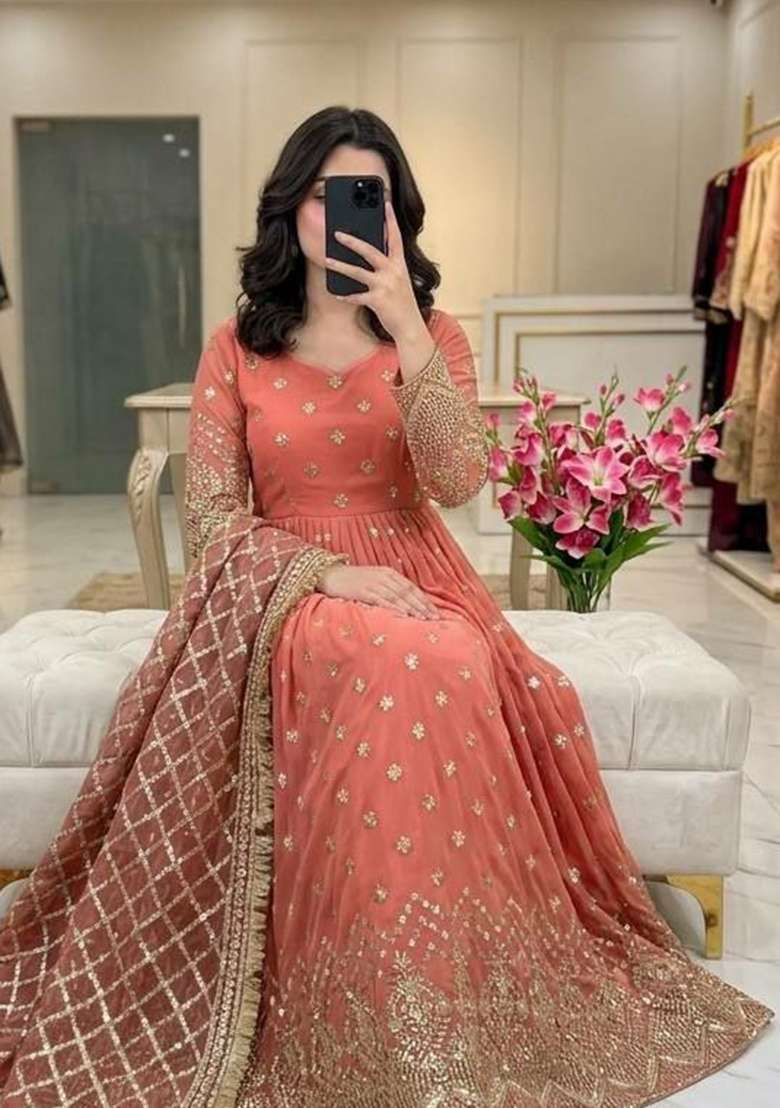 Peach Embroidery Georgette Anarkali Gown Set - Indya