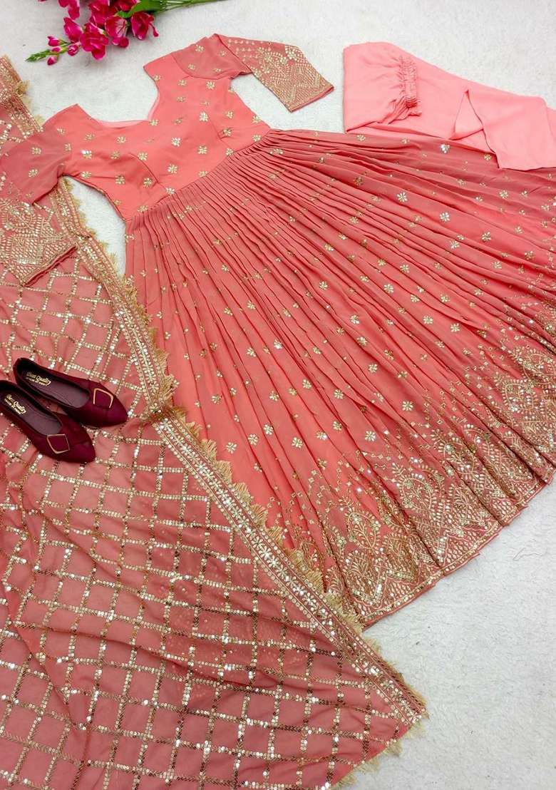 Peach Embroidery Georgette Anarkali Gown Set - Indya