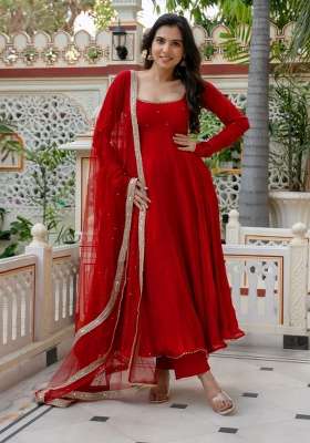 Red Lace Work Georgette Anarkali Gown Set