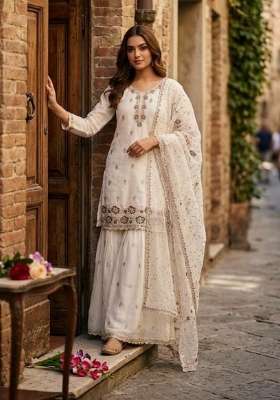 White Sequin Work Silk Salwar Suit Set