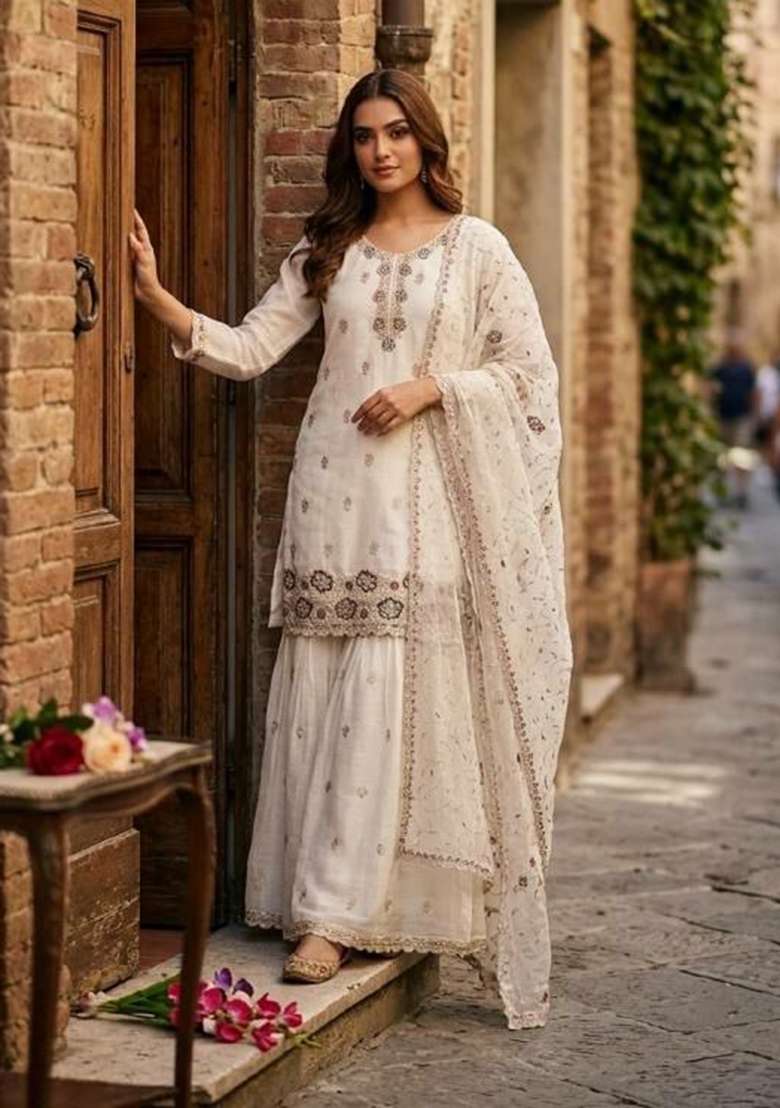 White Sequin Work Silk Salwar Suit Set - Indya
