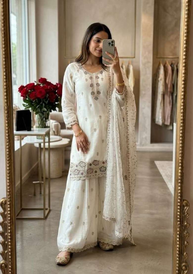 White Sequin Work Silk Salwar Suit Set - Indya