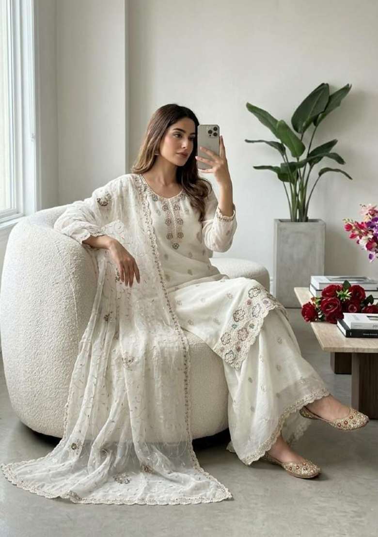 White Sequin Work Silk Salwar Suit Set - Indya