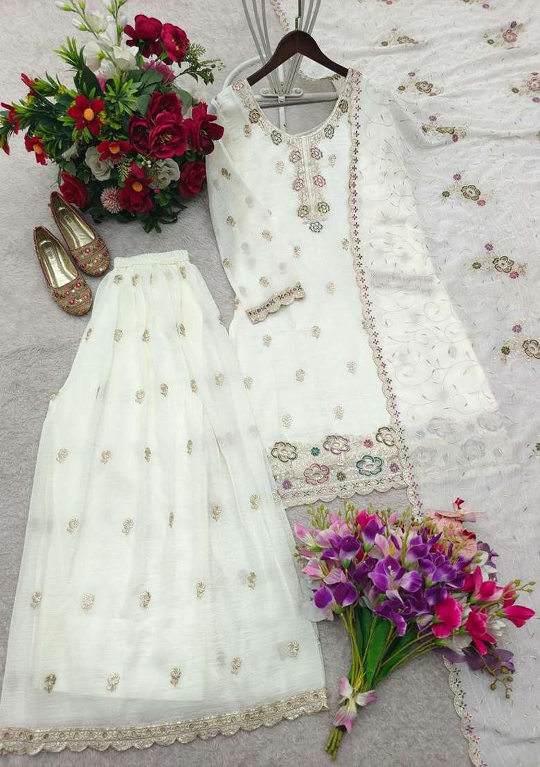 White Sequin Work Silk Salwar Suit Set - Indya