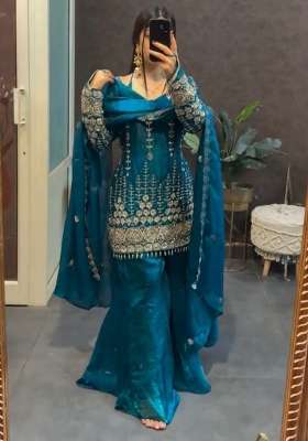 Blue Sequin Work Silk Salwar Suit Set