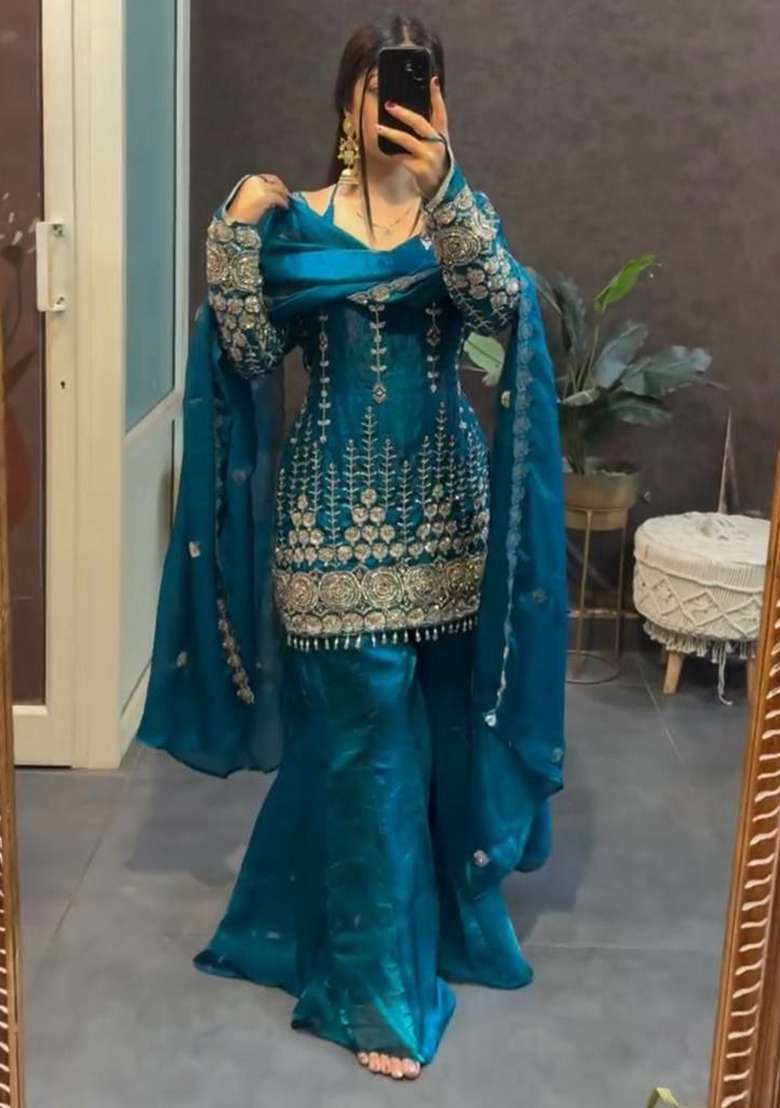 Blue Sequin Work Silk Salwar Suit Set - Indya