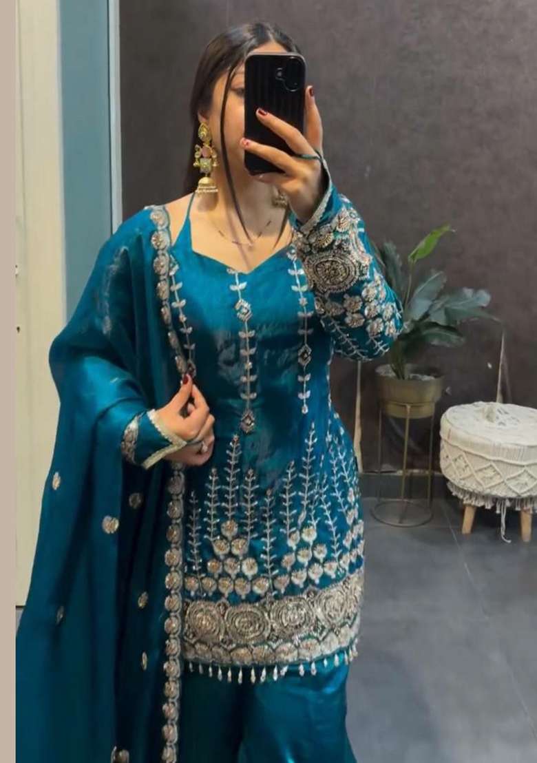 Blue Sequin Work Silk Salwar Suit Set - Indya