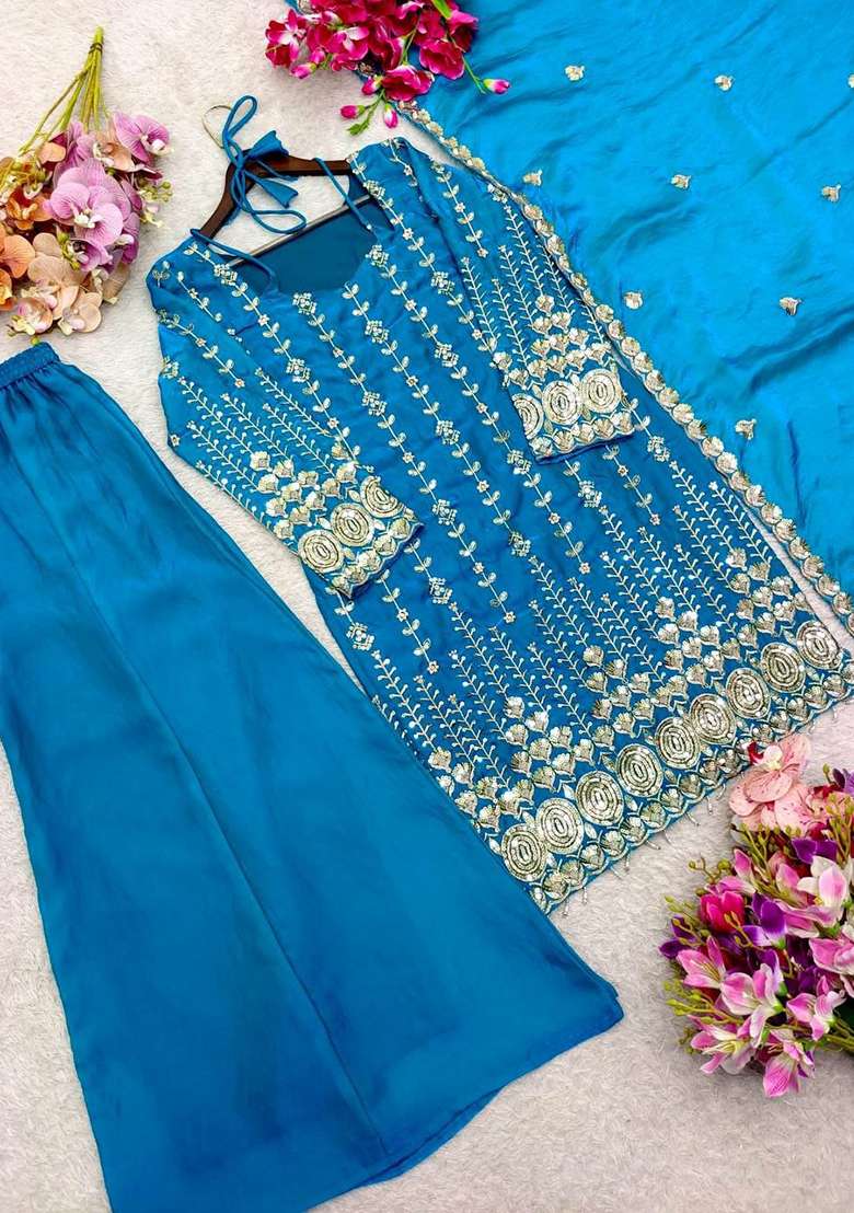 Blue Sequin Work Silk Salwar Suit Set - Indya