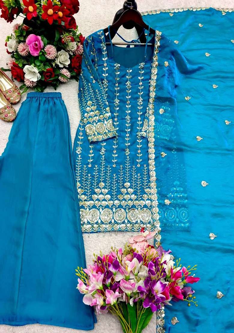 Blue Sequin Work Silk Salwar Suit Set - Indya