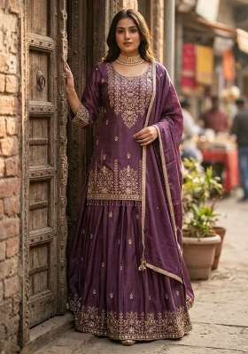 Purple Sequin Work Silk Salwar Suit Set