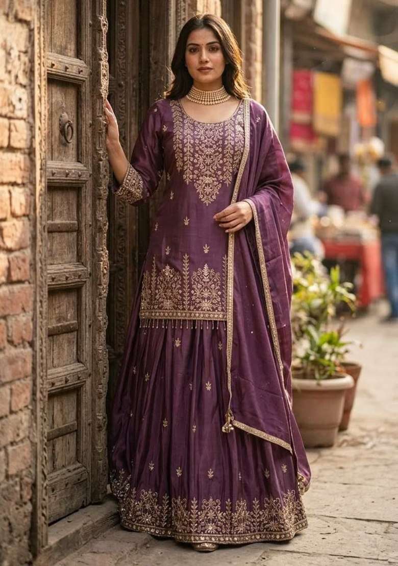 Purple Sequin Work Silk Salwar Suit Set - Indya