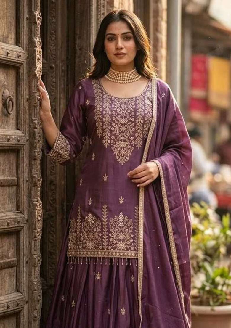 Purple Sequin Work Silk Salwar Suit Set - Indya