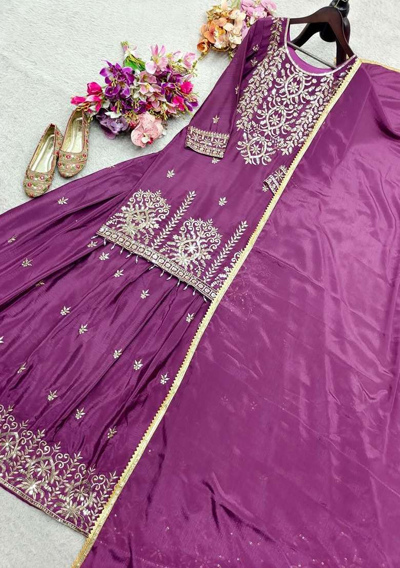 Purple Sequin Work Silk Salwar Suit Set - Indya