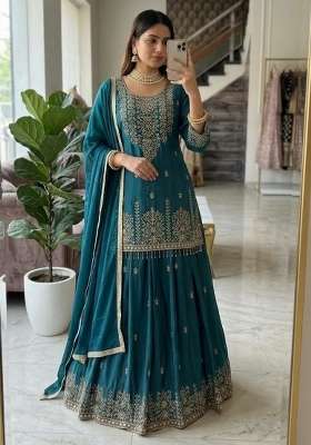 Blue Sequin Work Silk Salwar Suit Set