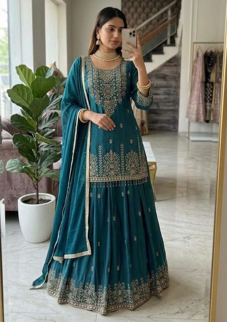 Blue Sequin Work Silk Salwar Suit Set - Indya