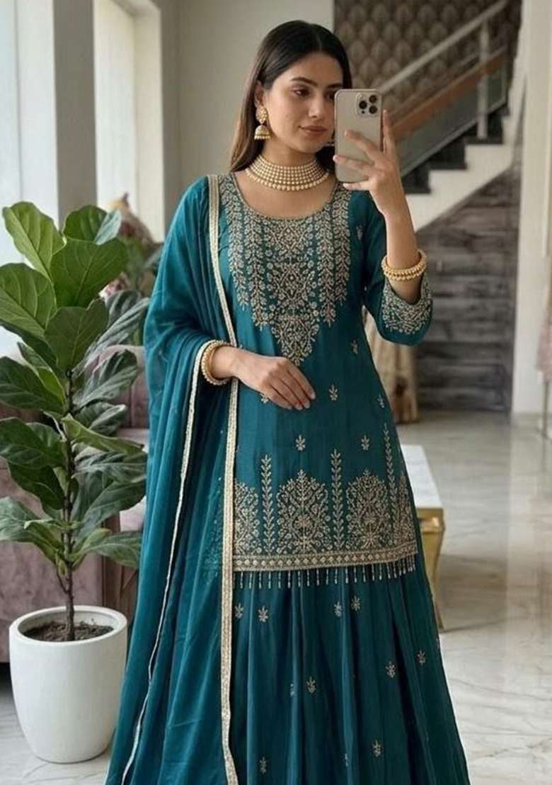 Blue Sequin Work Silk Salwar Suit Set - Indya