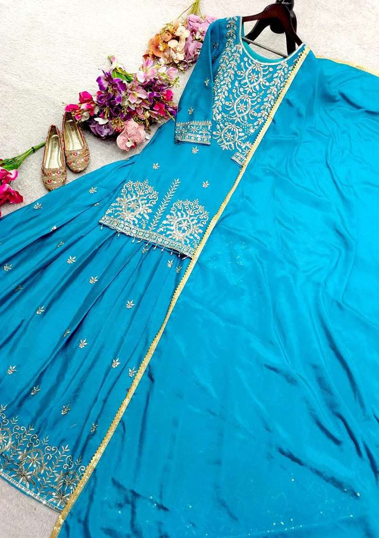 Blue Sequin Work Silk Salwar Suit Set - Indya