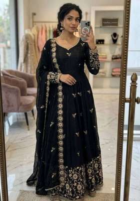 Black Embroidery Silk Anarkali Gown Set