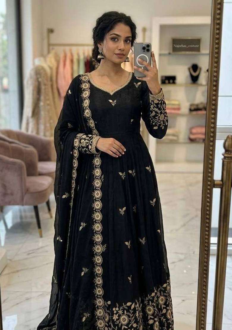 Black Embroidery Silk Anarkali Gown Set - Indya