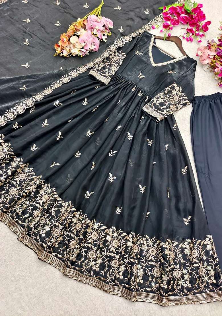 Black Embroidery Silk Anarkali Gown Set - Indya