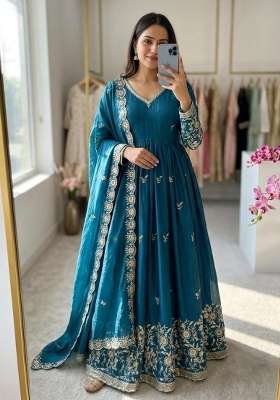 Blue Embroidery Silk Anarkali Gown Set