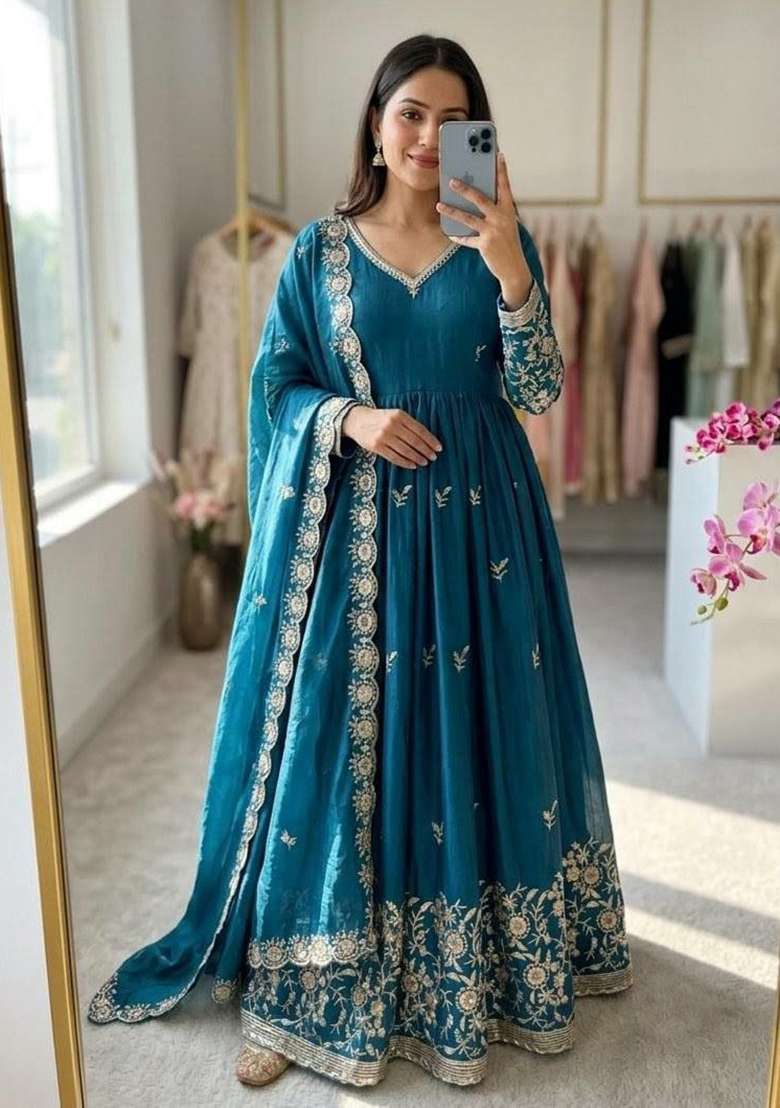 Blue Embroidery Silk Anarkali Gown Set - Indya