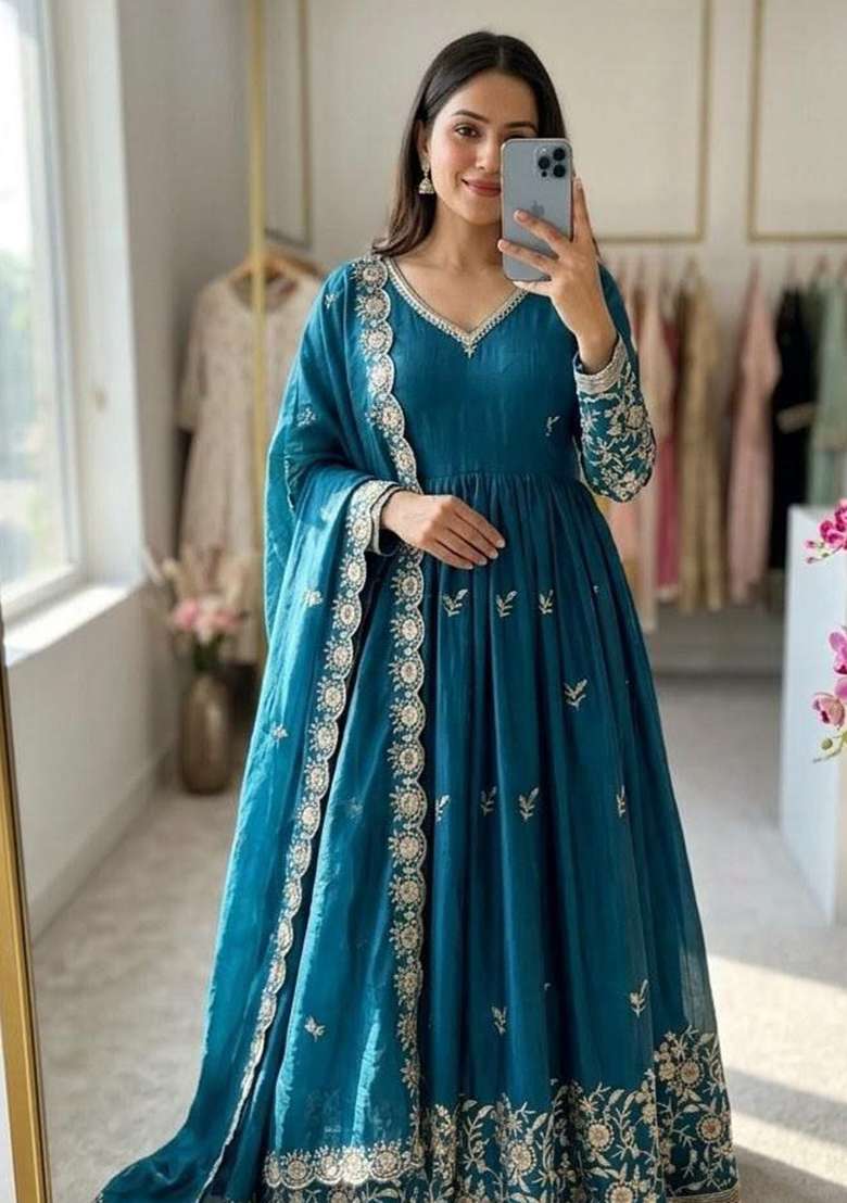 Blue Embroidery Silk Anarkali Gown Set - Indya