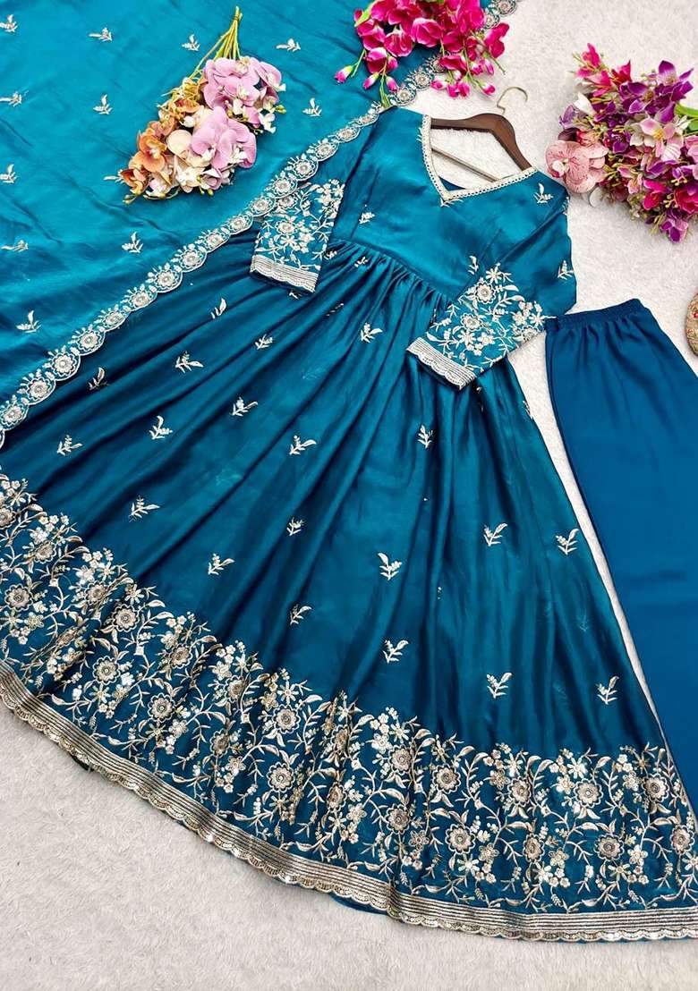 Blue Embroidery Silk Anarkali Gown Set - Indya