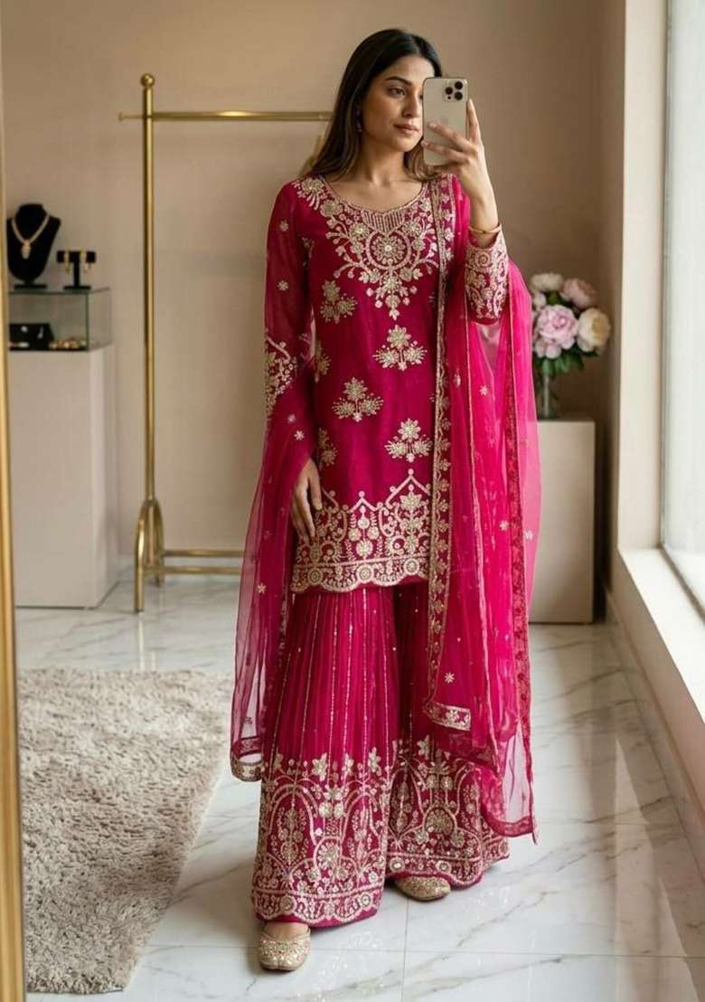 Dark Pink Embroidery Organza Salwar Suit Set - Indya