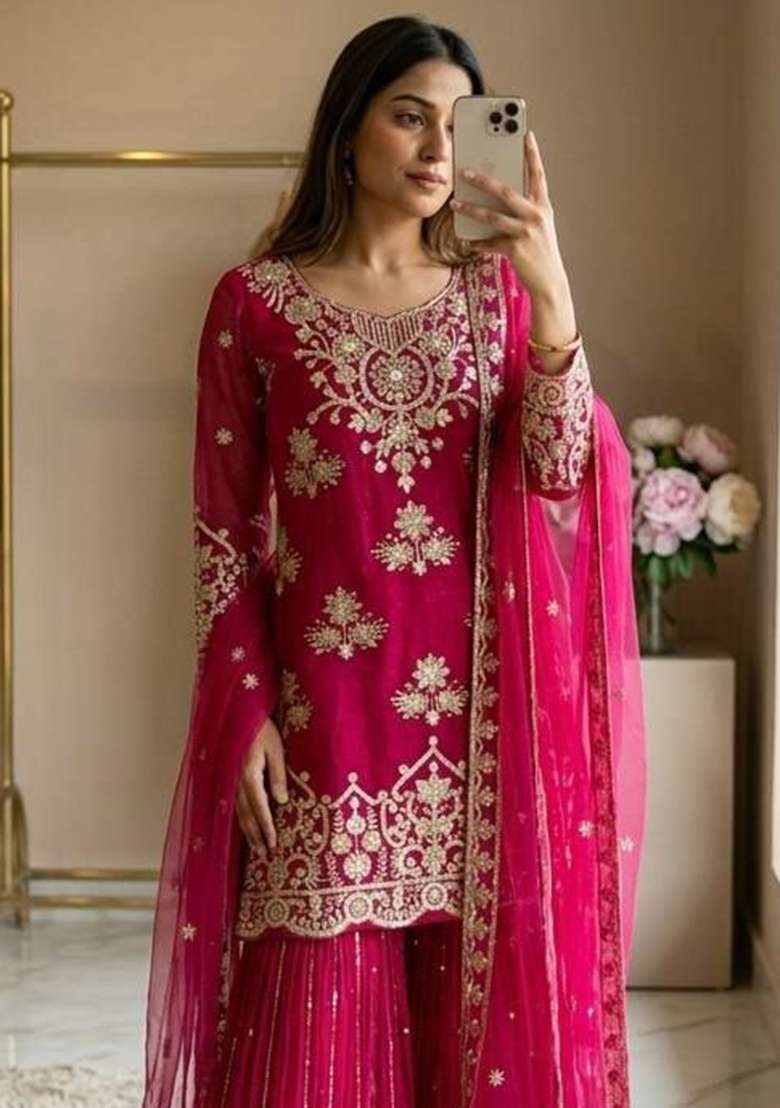Dark Pink Embroidery Organza Salwar Suit Set - Indya