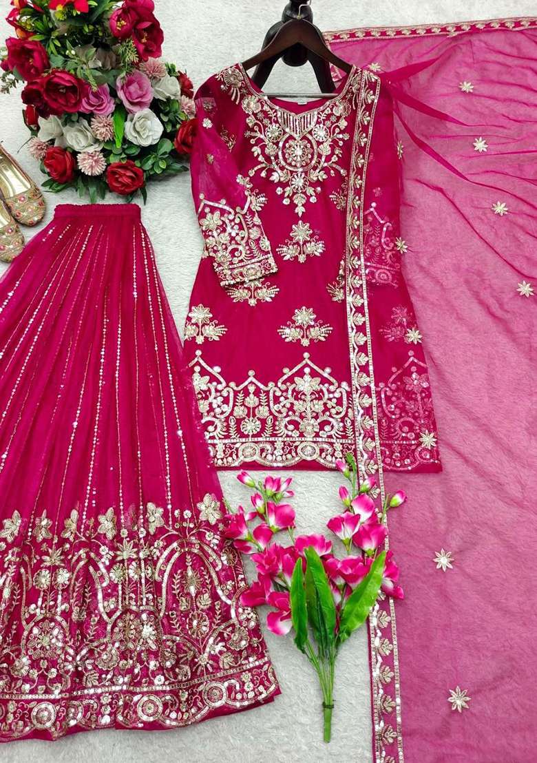 Dark Pink Embroidery Organza Salwar Suit Set - Indya