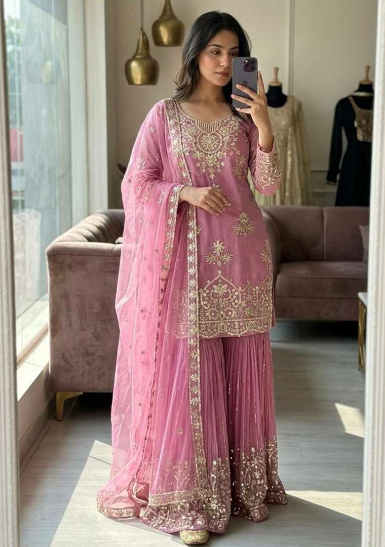 Light Pink Embroidery Organza Salwar Suit Set - Indya