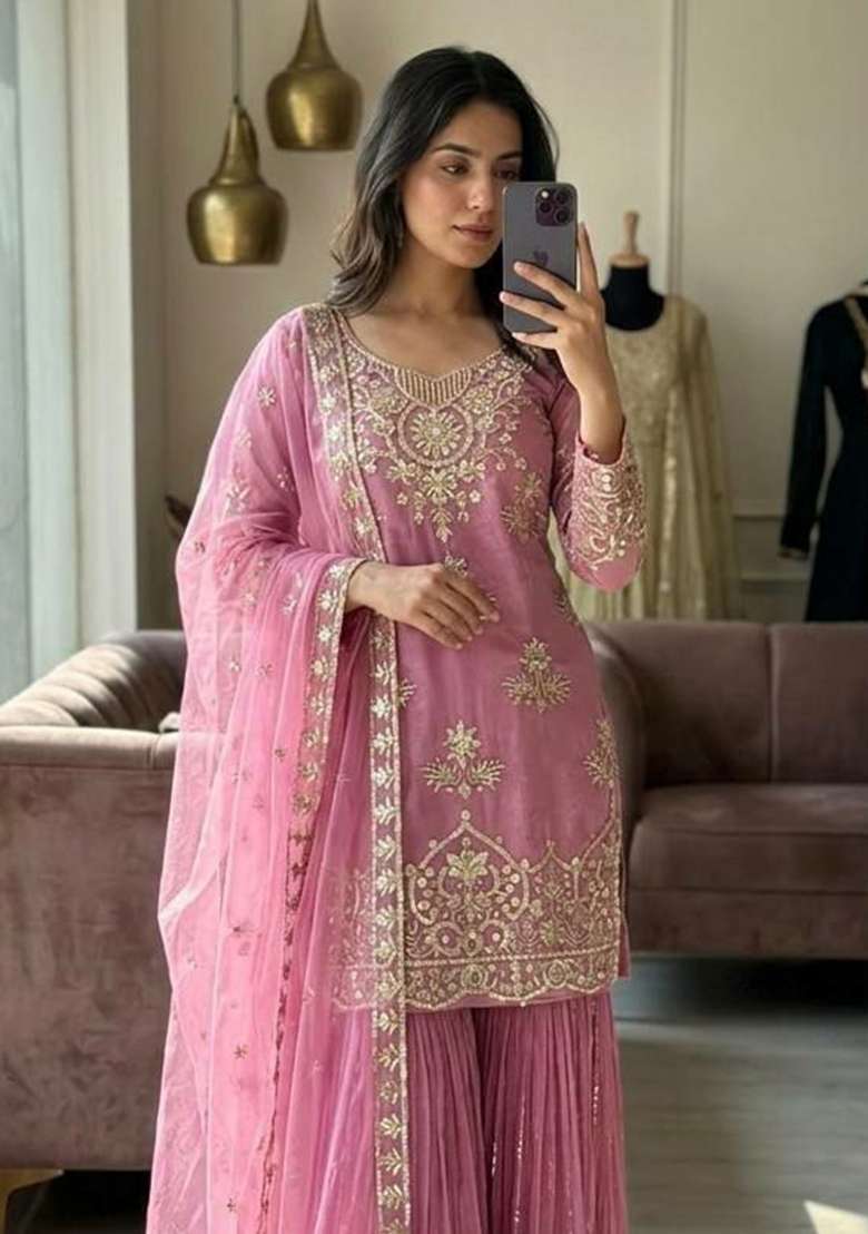 Light Pink Embroidery Organza Salwar Suit Set - Indya