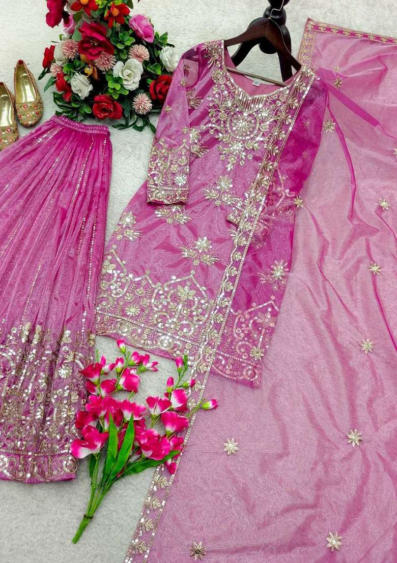 Light Pink Embroidery Organza Salwar Suit Set - Indya