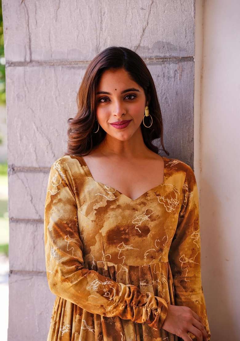 Mustard Printed Rayon Gown With Dupatta - Indya