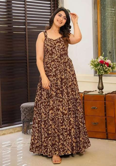 Brown Printed Rayon Anarkali