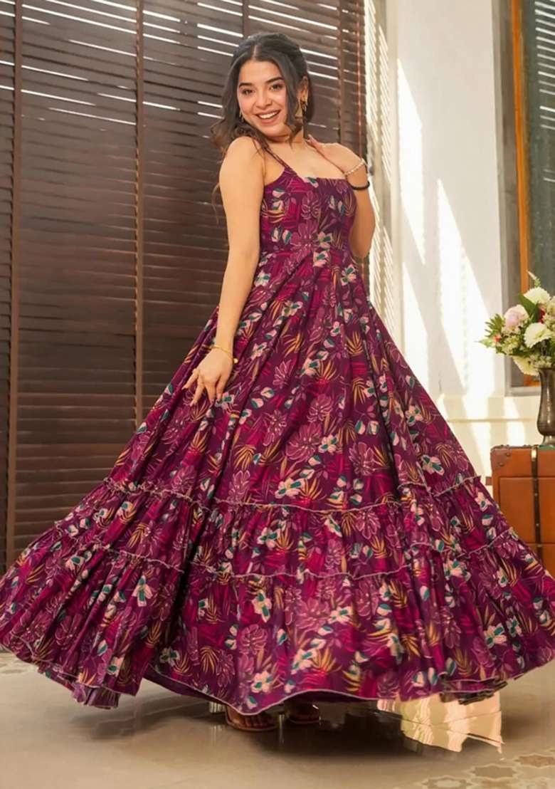 Wine Printed Rayon Anarkali - Indya