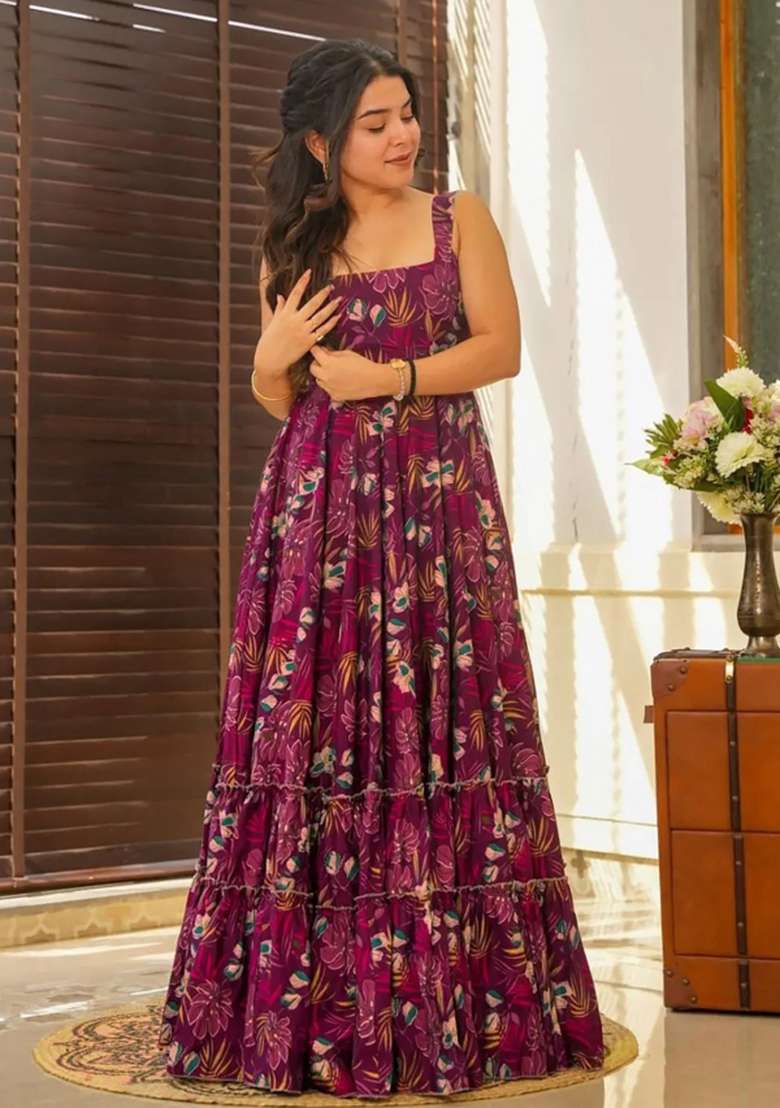 Wine Printed Rayon Anarkali - Indya