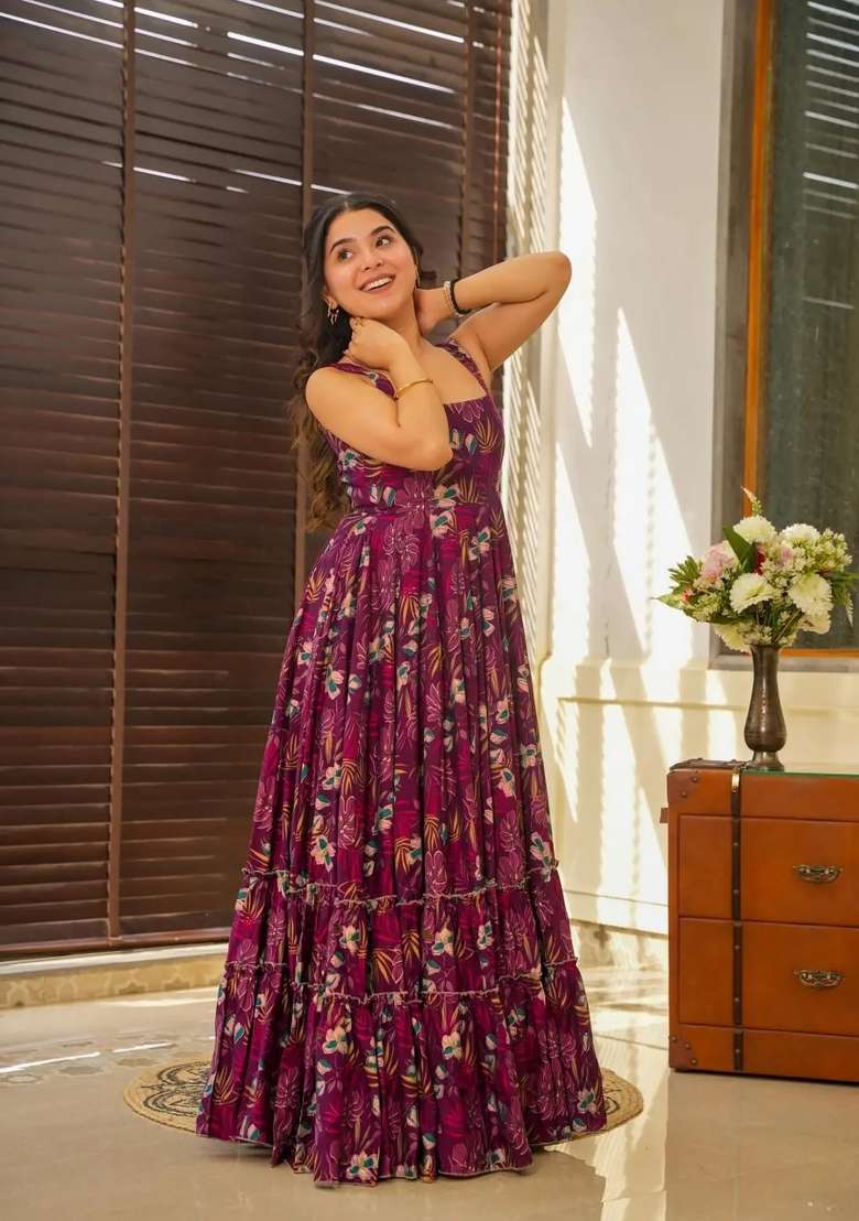 Wine Printed Rayon Anarkali - Indya