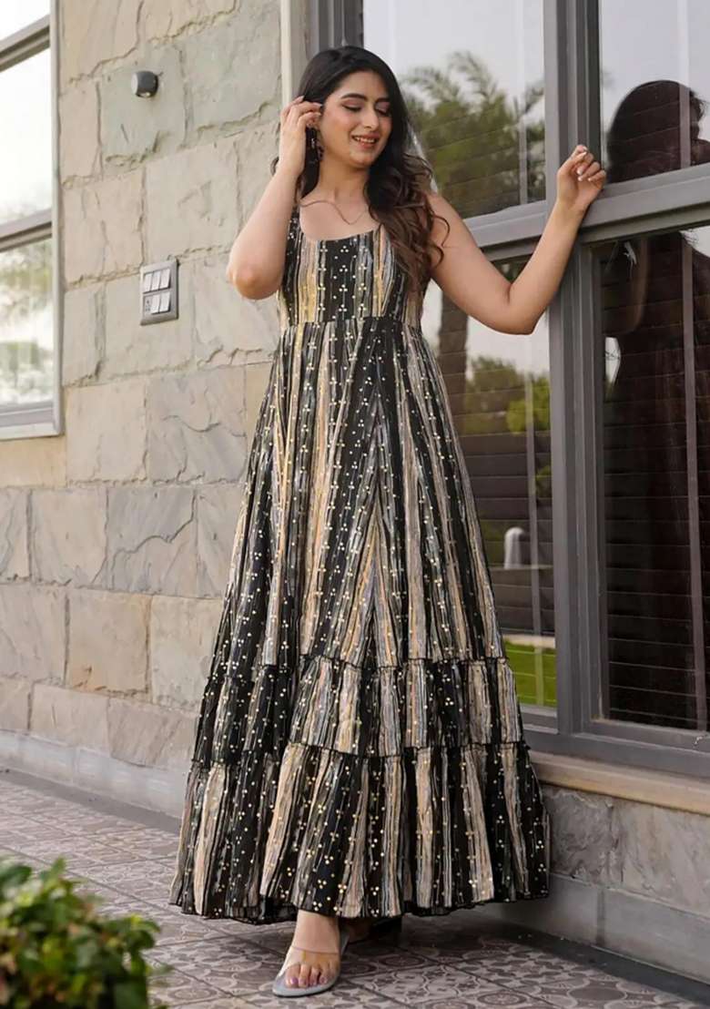 Grey Printed Rayon Anarkali - Indya