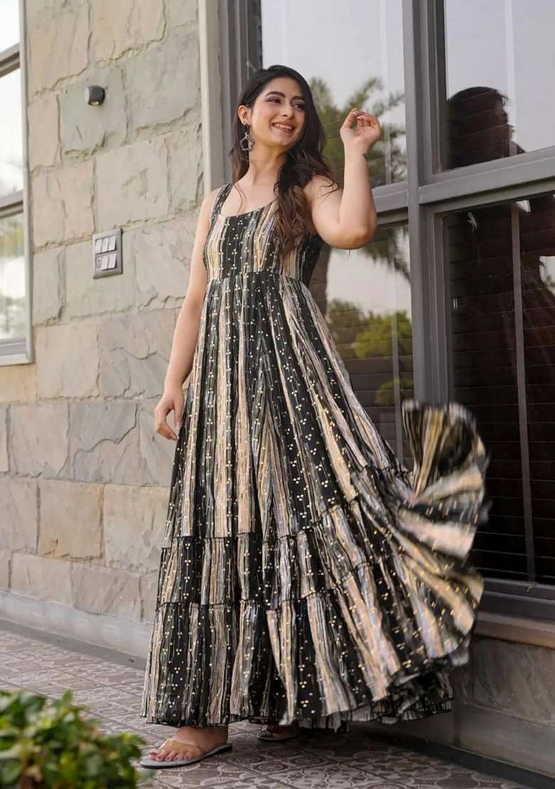 Grey Printed Rayon Anarkali - Indya