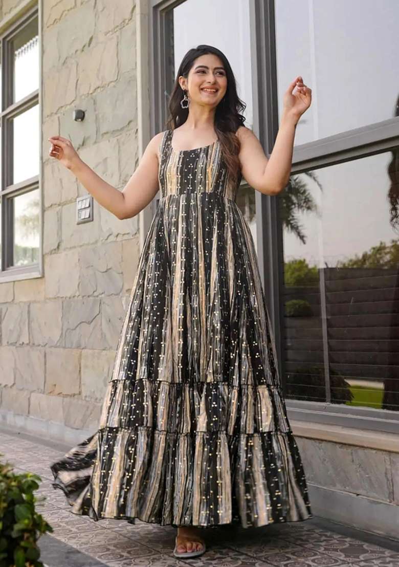 Grey Printed Rayon Anarkali - Indya