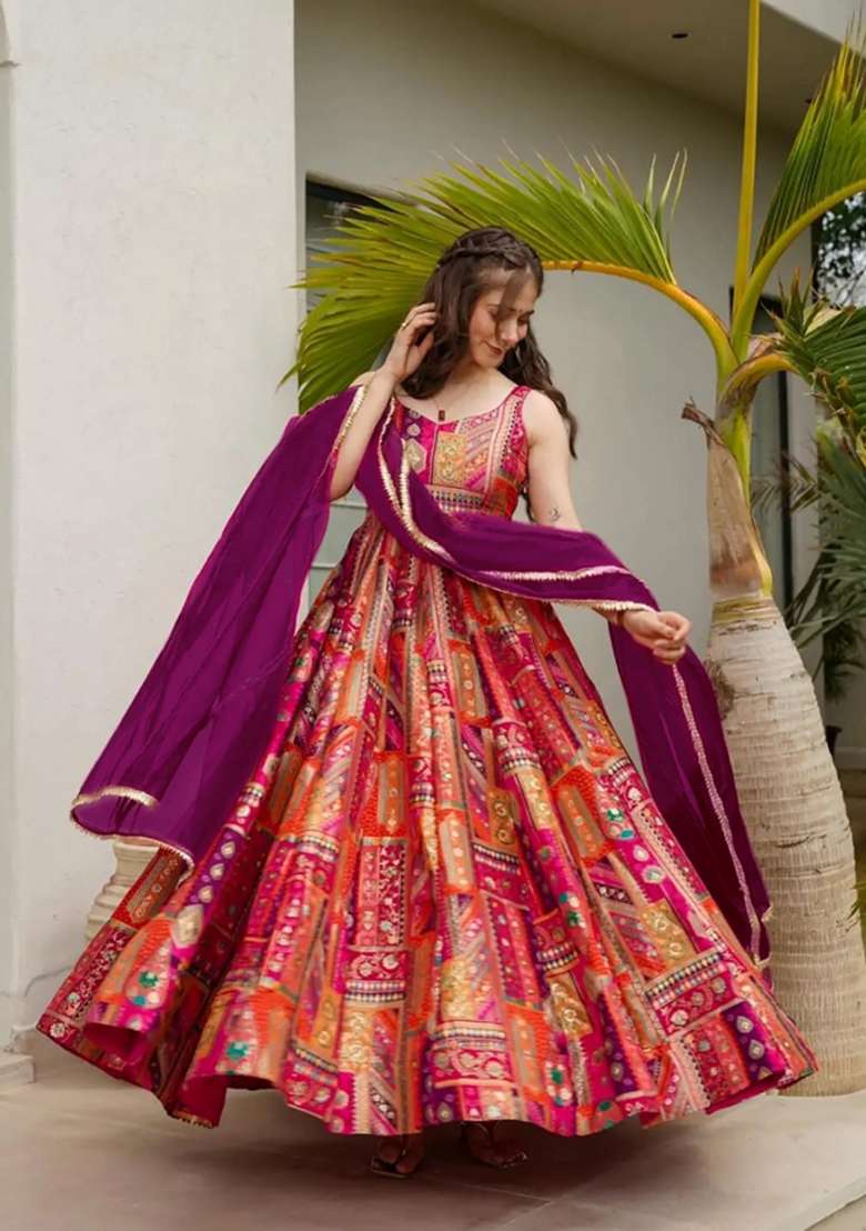 Purple Printed Silk Anarkali With Dupatta - Indya