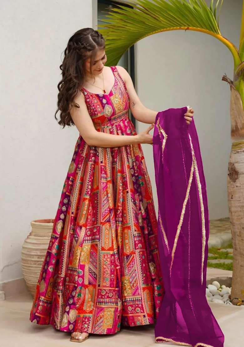 Purple Printed Silk Anarkali With Dupatta - Indya