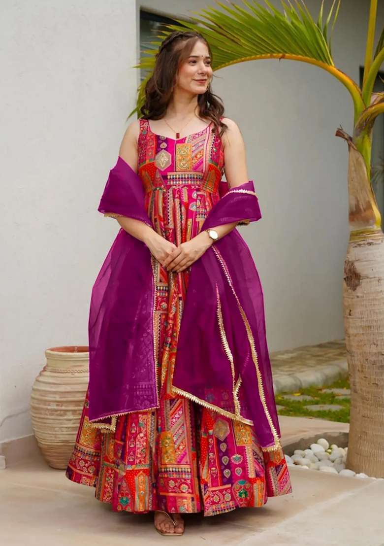 Purple Printed Silk Anarkali With Dupatta - Indya