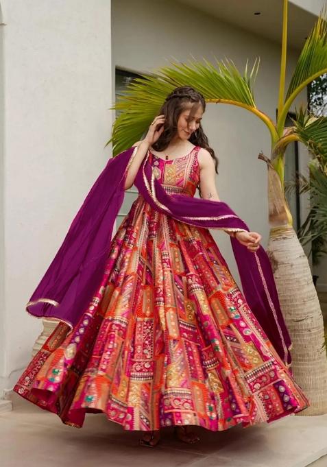 Purple Printed Silk Anarkali With Dupatta