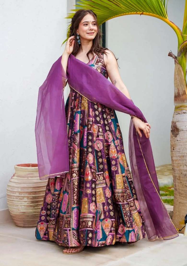 Purple Printed Silk Anarkali With Dupatta - Indya